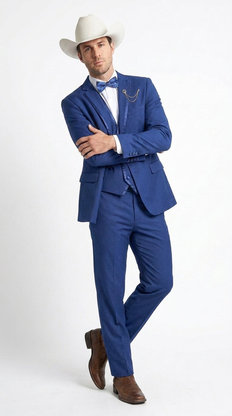Men’s Blue Western Tuxedo Suit, 3 Piece Cowboy Formal Wedding Prom Suit with Satin Trim
