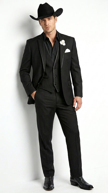 Men’s Black Western Tuxedo Suit, 3 Piece Cowboy Formal Wedding Prom Suit with Satin Trim