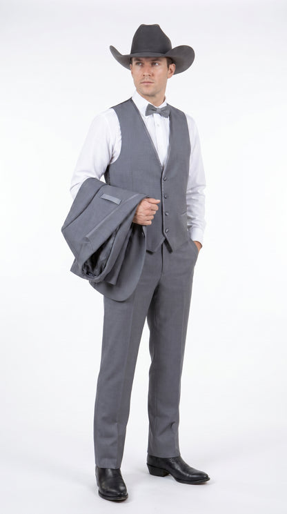 Men's Medium Grey Western 3-Piece Tuxedo Suit with Vest – Cowboy Style Formal Country Outfit