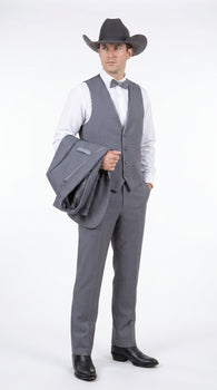 Men's Medium Grey Western 3-Piece Tuxedo Suit with Vest – Cowboy Style Formal Country Outfit