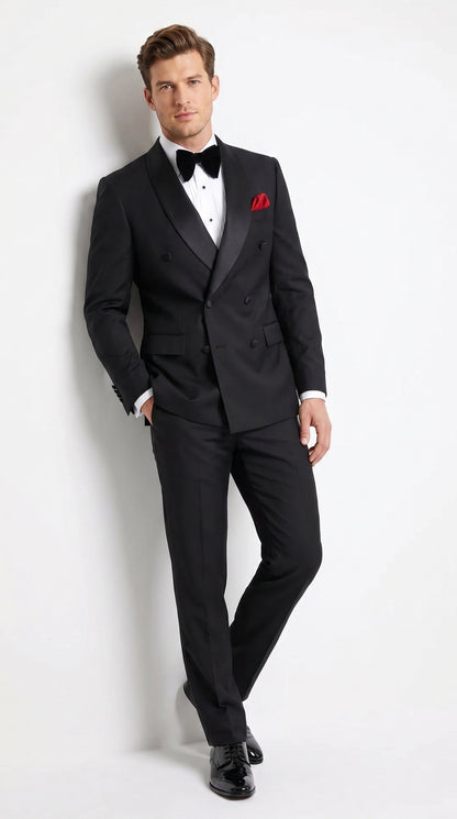 Men’s Black Double Breasted Evening Wear Suit with Satin Shawl Lapel and Red Pocket Square  Modern Fit