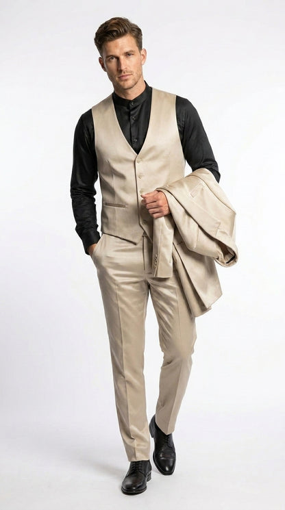 Mens 3-Piece Slim-Fit Shiny All Satin Suit Champagne