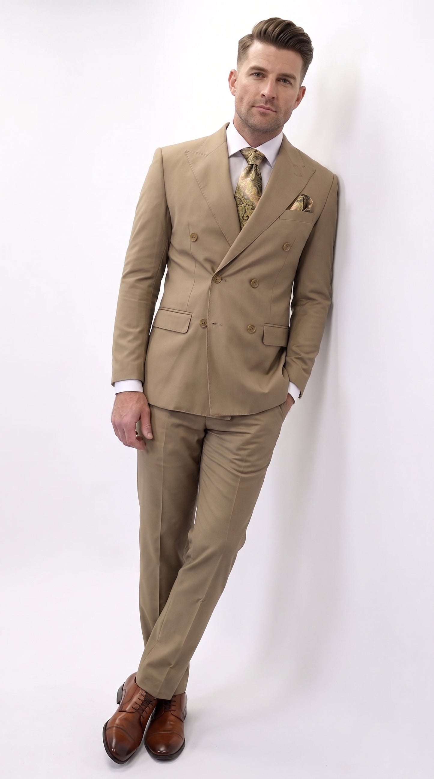 Men’s Statement Brand Caramel Khaki Double Breasted Wool Suit, Designer Formal Business Suit Set Wool Suit in Camel Color  Modern Fit