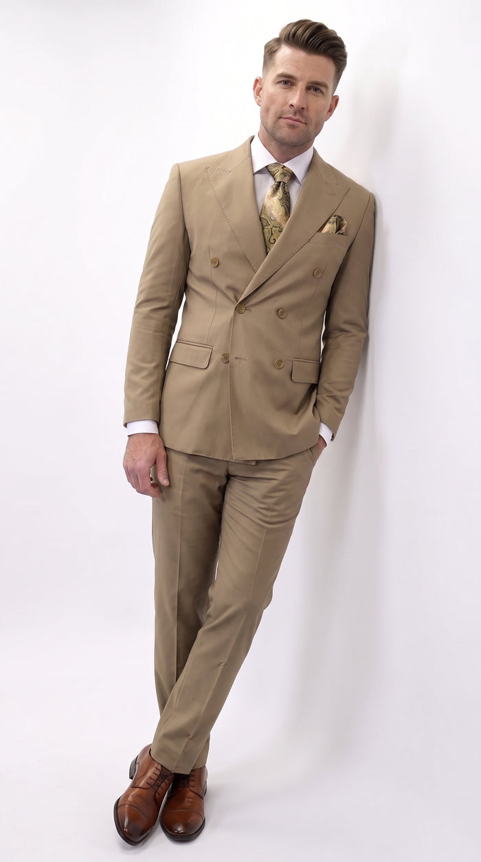 Men’s Statement Brand Caramel Khaki Double Breasted Wool Suit, Designer Formal Business Suit Set Wool Suit in Camel Color  Modern Fit