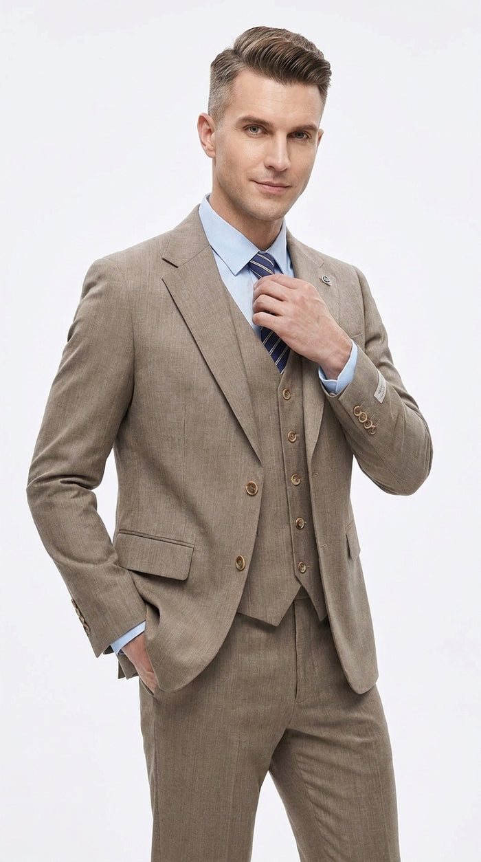 Men’s Taupe Olivish Tan 3-Piece Suit – Elegant Tan Wedding, Business & Formal Suit with Vest