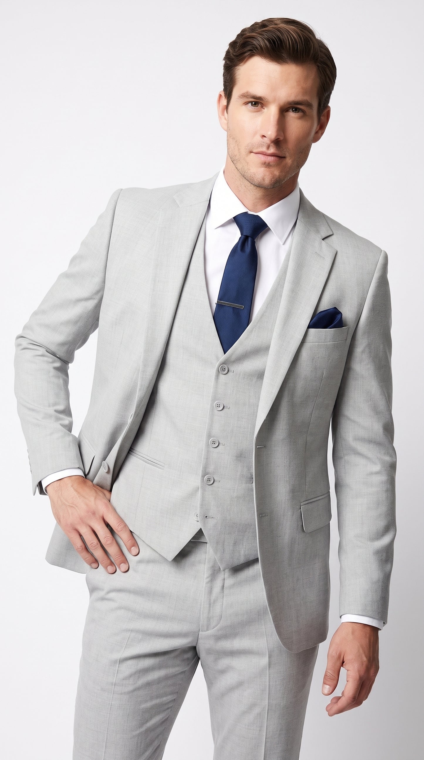Men’s Silver & Navy Blue 3-Piece Suit – Wedding, Business and Formal Suit with Free Matching Tie  Modern Fit