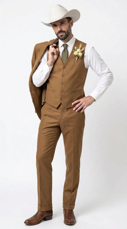 Men’s Tan Groom Outfit Country Wedding 3 Piece Suit Khaki Camel Color Modern Fit