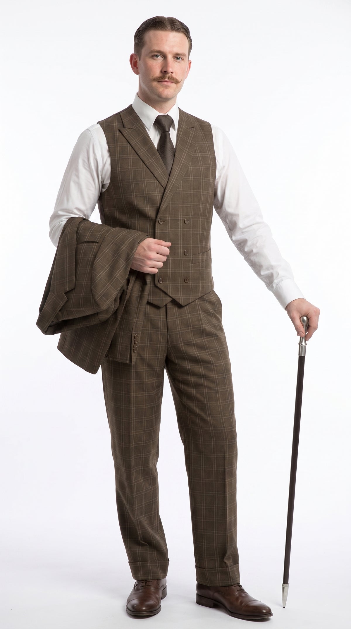 Men’s Edwardian Brown Plaid 3-Piece Suit – Vintage Double-Breasted Vest Wedding and Formal Suit Modern Fit