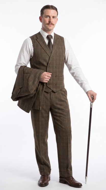 Men’s Edwardian Brown Plaid 3-Piece Suit – Vintage Double-Breasted Vest Wedding and Formal Suit Modern Fit