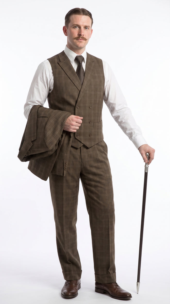 Men’s Edwardian Brown Plaid 3-Piece Suit – Vintage Double-Breasted Vest Wedding and Formal Suit Modern Fit