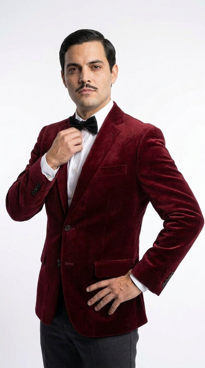 Men’s Gomez Addams Inspired Costume, Burgundy Velvet Blazer with Black Pants Formal Party Outfit Combo