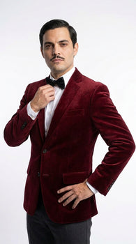 Men’s Gomez Addams Inspired Costume, Burgundy Velvet Blazer with Black Pants Formal Party Outfit Combo