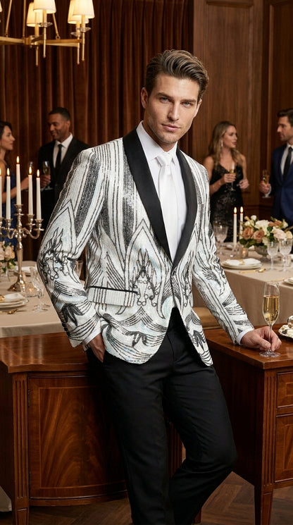 Men’s White and Black Patterned Tuxedo Blazer – Luxury Designer Dinner Jacket for Wedding, Prom and Formal Events New Year Christmas Holiday