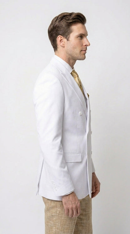 Men’s White Double Breasted Blazer, Formal Dress Jacket for Weddings, Prom, Parties, Dinner Events, and Special Occasions