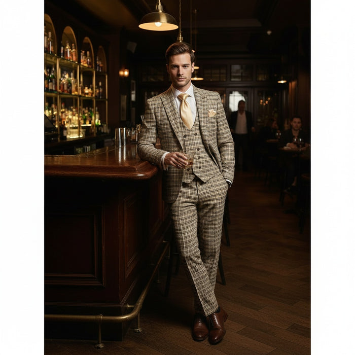 Men’s Beige and Navy Check 3-Piece Suit Set – Premium Tailored Fit Formal Wedding and Business Suit By Rossiman Modern Fit