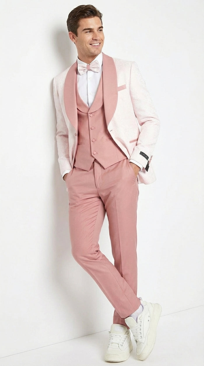Men’s Cream and Rose Pink Prom Suit – Cream Tuxedo Jacket with Rose Pink Pants and Shawl Lapel Formal Suit for Prom and Wedding