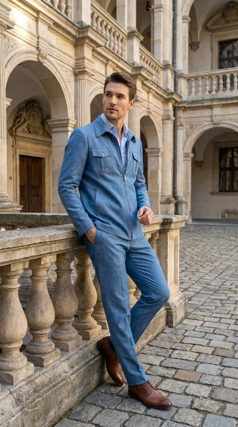 Men’s Light Blue Walking Suit – 2 Piece Casual Leisure Set with Zip Front Jacket Denim Style