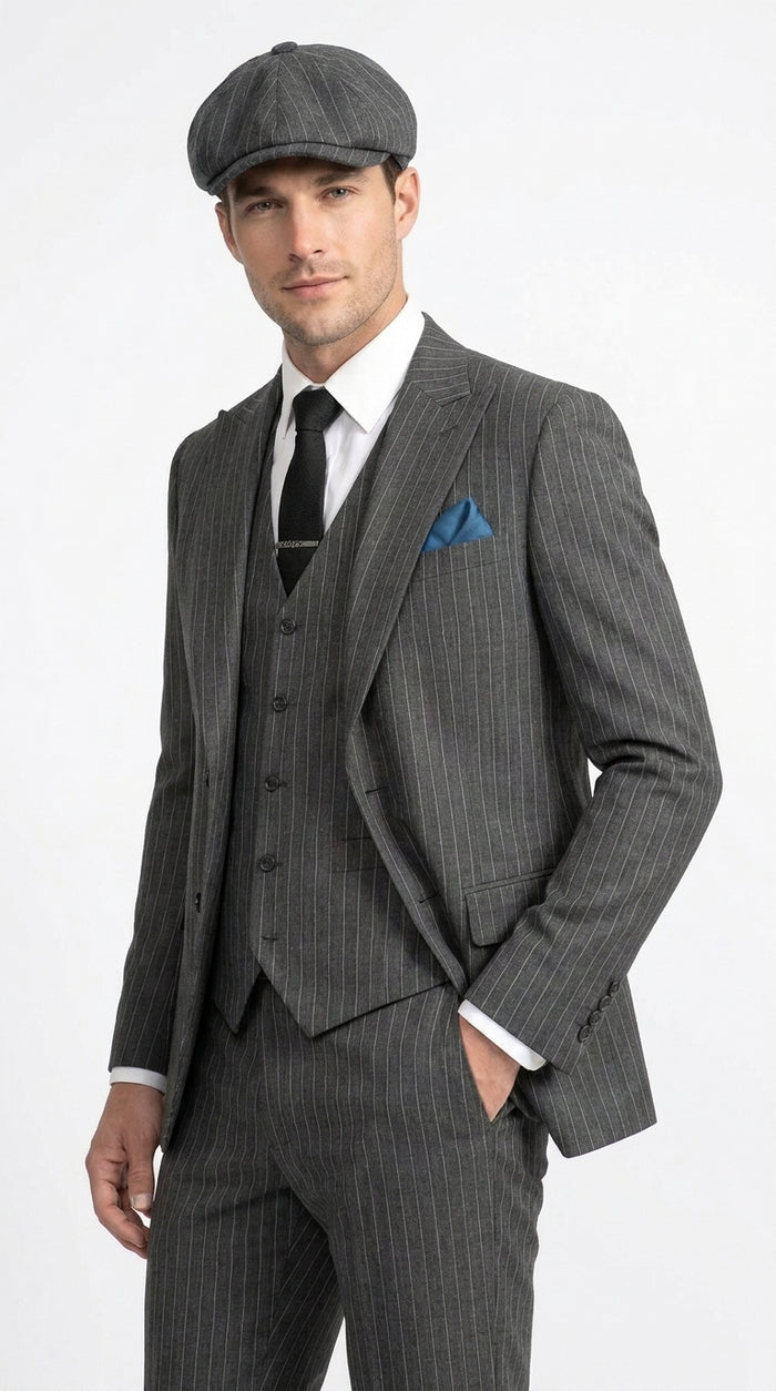 Men’s Thomas Shelby Peaky Blinders Gray Wool Suit Out fit Charcoal Grey Pinstripe 3-Piece  Vintage 1920s Suit  Modern Fit