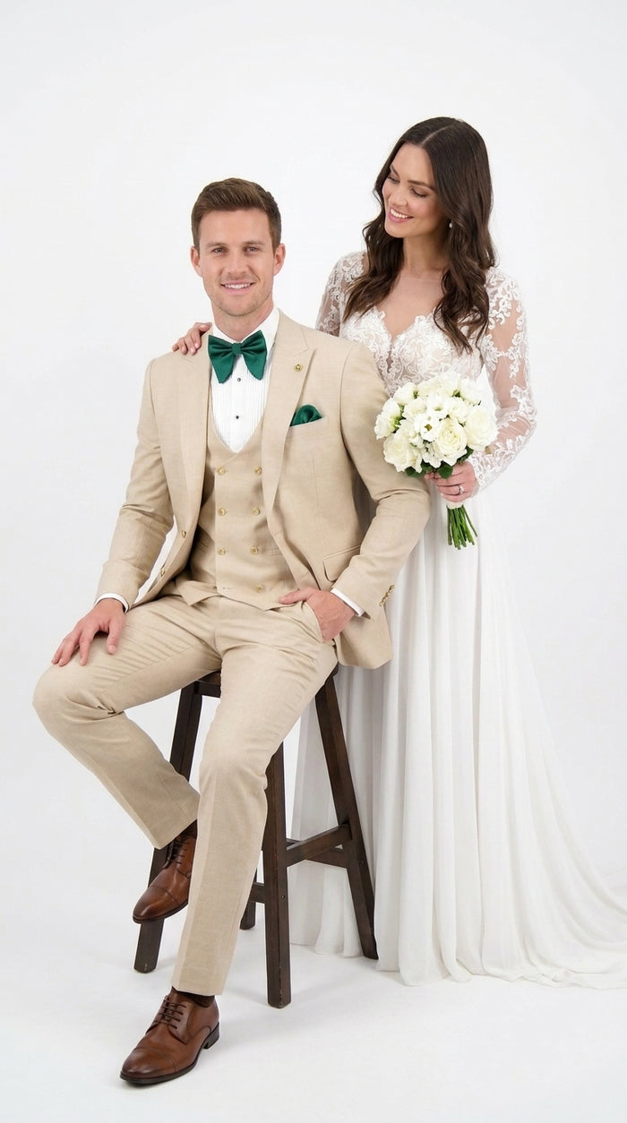 Men’s Khaki Tan 3-Piece Groomsmen Suit – Wedding Suit with Double-Breasted Vest and Pants Great Gatsby Style Gold buttons Modern Fit