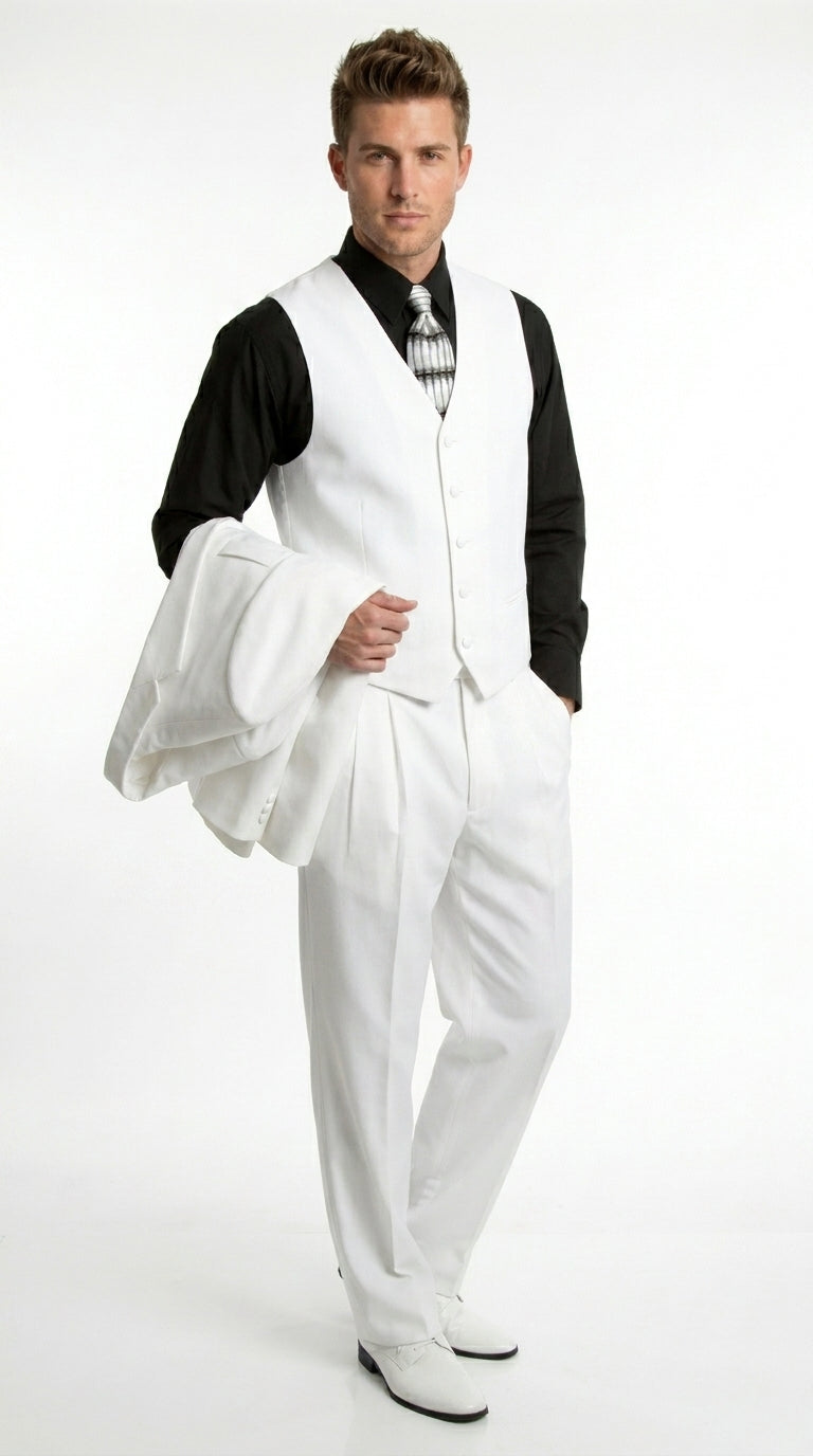 Men’s All White Classic 3 Piece Suit with High Vest, 3 Button Jacket and Pleated Pants