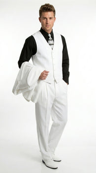 Men’s All White Classic 3 Piece Suit with High Vest, 3 Button Jacket and Pleated Pants