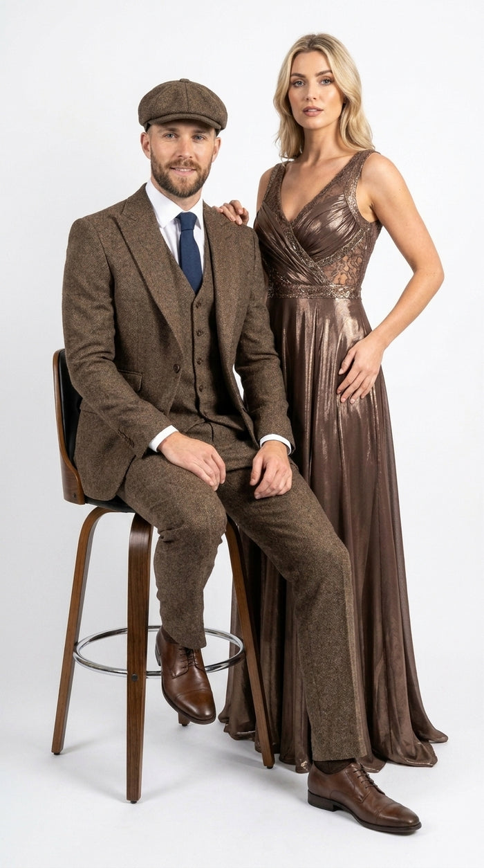 Peaky Blinder Men’s Brown Tweed 3-Piece Suit – Vintage Wedding, Business and Formal Suit  with Matching Vest and Pants Modern Fit