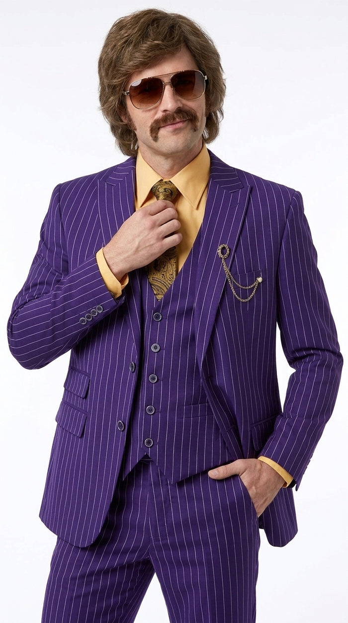 Men’s Purple Pinstripe 3-Piece Suit – 1970s Disco, Pimp, Retro Rockabilly and Party Suit Modern Fit