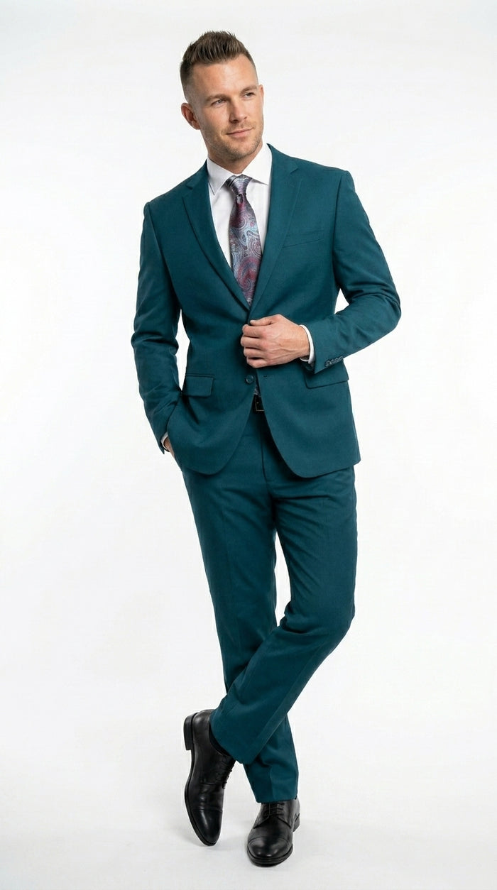 Discounted Sale Clearance Men's Two Buttons Dark Teal 2-piece suit Flat Front Pants