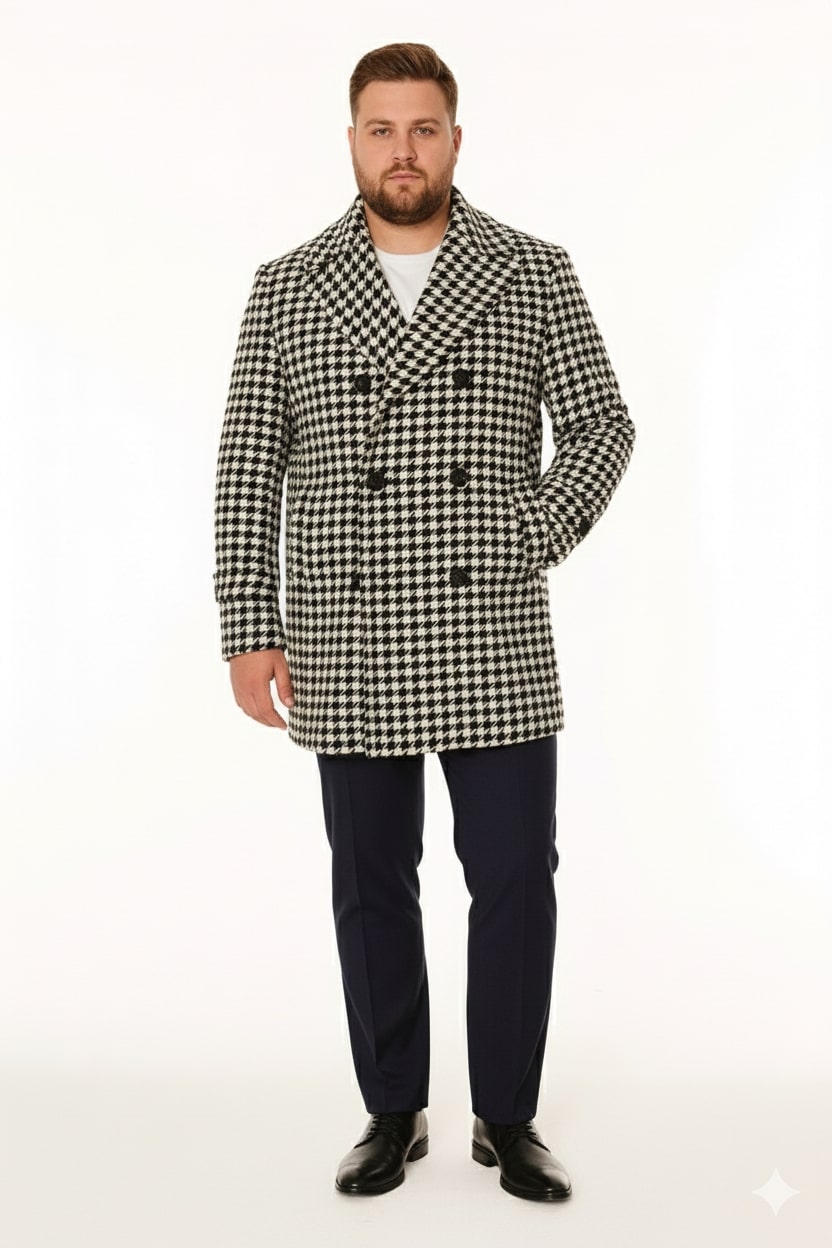 Mens Houndstooth Double-Breasted Overcoats – Classic Black and White Wool Blend Peacoat Wool Fabric - Image 6