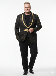Men’s Black and Gold Embroidered Luxury Blazer – Designer Floral Pattern Wedding & Party Jacket (Sim534)