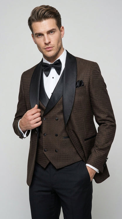 Men’s Chocolate Brown Tuxedo Suit – 3 Piece Shawl Lapel Wedding, Prom and Formal Dinner Tuxedo