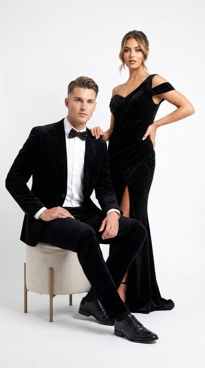 Men’s Black Velvet 2-Piece Suit – Notch Lapel Wedding, Prom and Formal Evening Suit Modern Fit