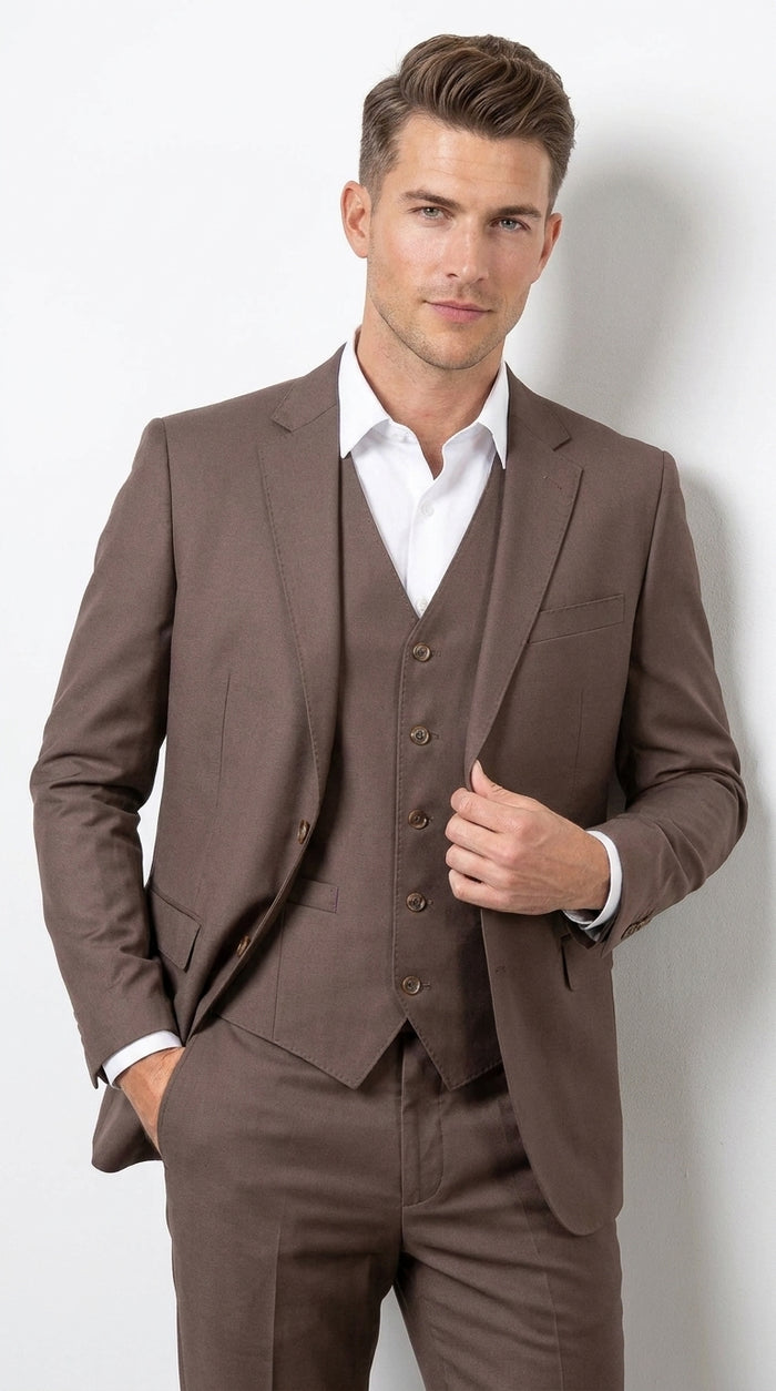 Men’s Zagarie Brand Light Brown Mocha 3-Piece Wool Suit – Modern Wedding, Business and Formal Suit with Pick Stitching Modern Fit