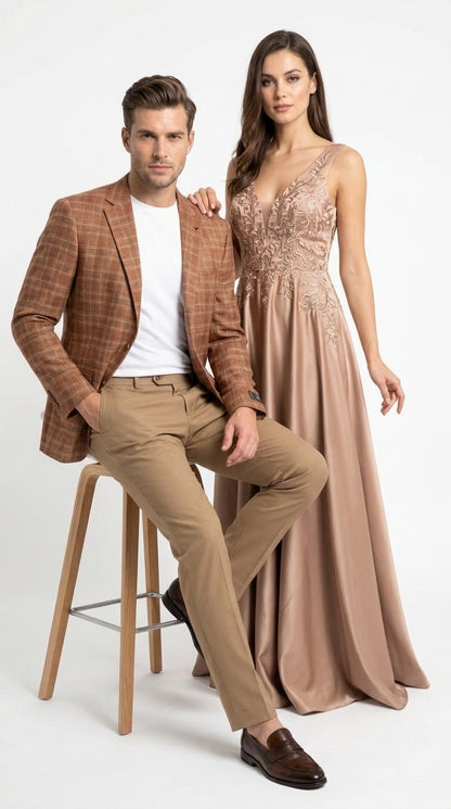 Vitali Men’s Rust Copper Brown Plaid Blazer with Tan Pants – Classic Windowpane, Business and Smart-Casual Birck color  Suit