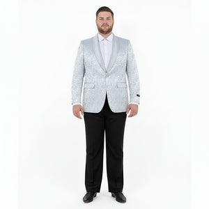 Big and Tall Men’s Silver Gray Paisley Tuxedo Jacket – Satin Shawl Lapel Blazer for Weddings, Proms, and Formal Events