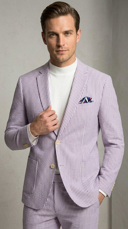 Men’s Lavender Seersucker 2 Piece Suit, Lightweight Summer Blazer and Pants Set for Weddings, Parties, Prom, and summer fabric