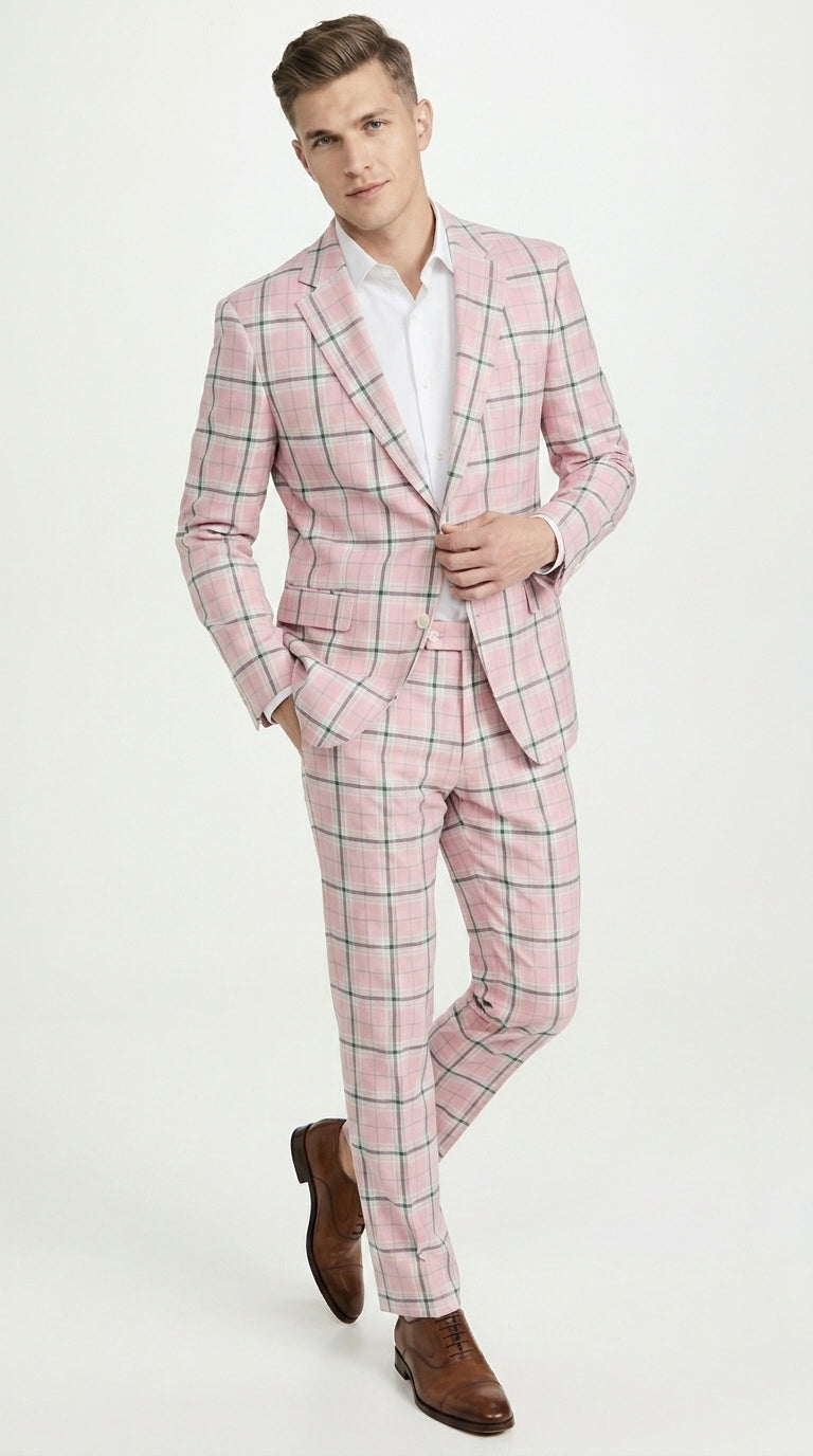 Men’s Pink Plaid Suit with Check Pattern Blazer and Matching Pants, Formal Wedding Party Dress Suit