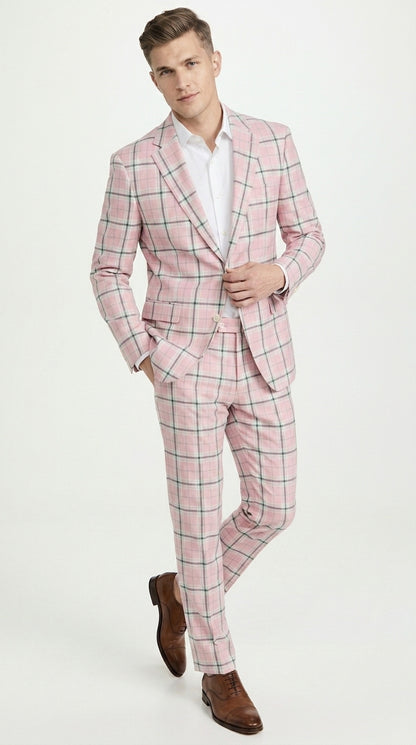 Men’s Pink Plaid Suit with Check Pattern Blazer and Matching Pants, Formal Wedding Party Dress Suit