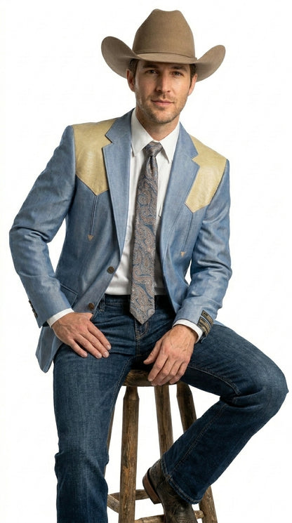 Men’s Steel - Light Blue and Bone Color Western Cowboy Blazer – Shiny Country Style Dress Jacket for Rodeo Saco De Hombre Vaquero