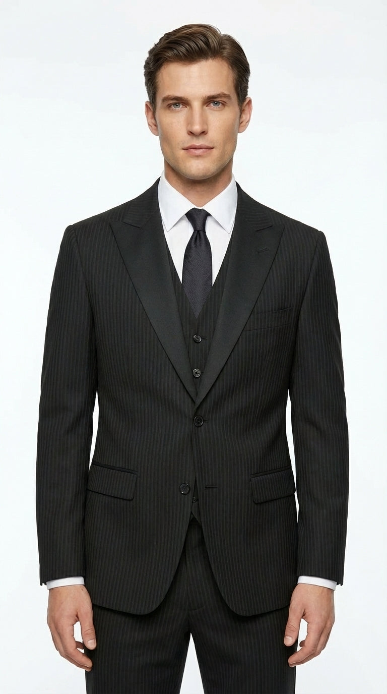 Vitali Mens Black Tone on Tone Shadow Stripe Vested Suit Set – 3 Piece Modern Fit Pinstripe Two Buttons Modern Fit