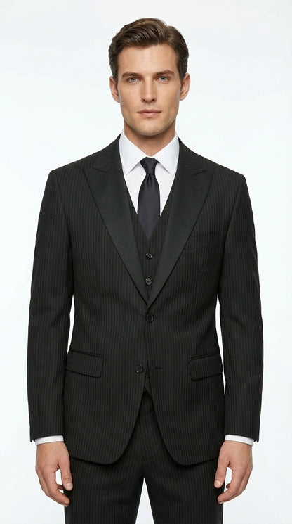 Vitali Mens Black Tone on Tone Shadow Stripe Vested Suit Set – 3 Piece Modern Fit Pinstripe Two Buttons Modern Fit