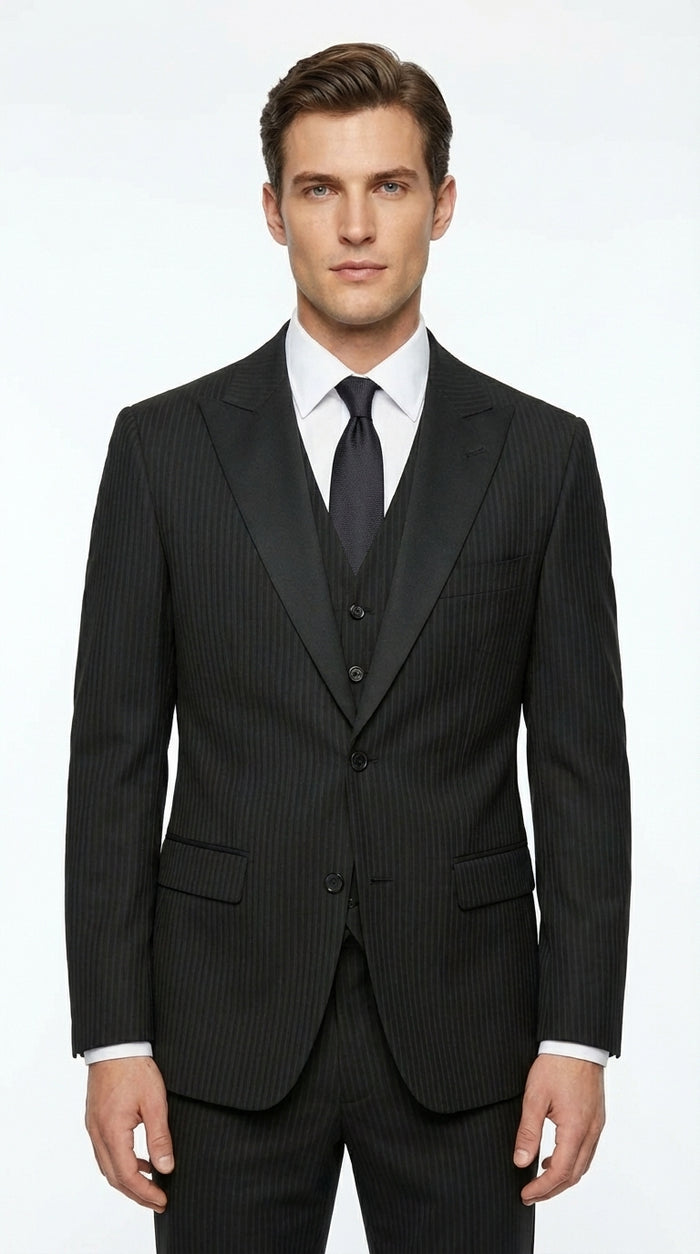 Vitali Mens Black Tone on Tone Shadow Stripe Vested Suit Set – 3 Piece Modern Fit Pinstripe Two Buttons Modern Fit