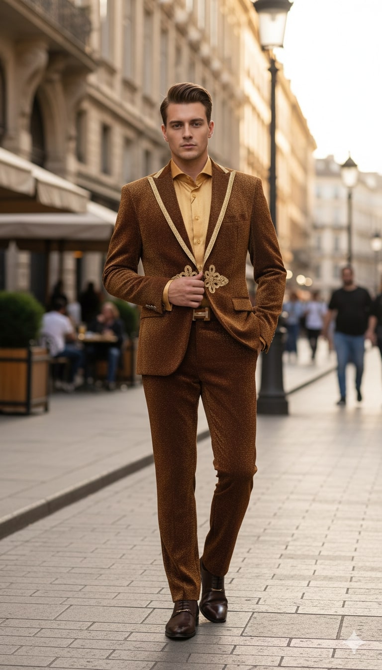 Mens Bronze Shiny Velvet Suit – Designer Party and Wedding Wear Blazer and Pant Set Brown and Gold Tuxedo - Image 6