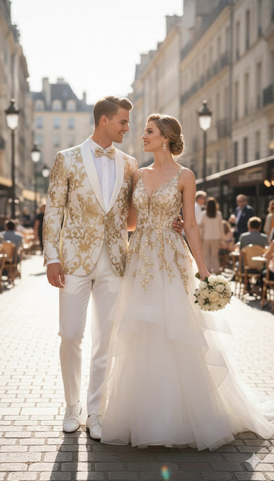 Mens White and Gold Floral Tuxedo Jacket with Satin Lapel – Luxury Prom, Wedding and Formal Dinner Blazer