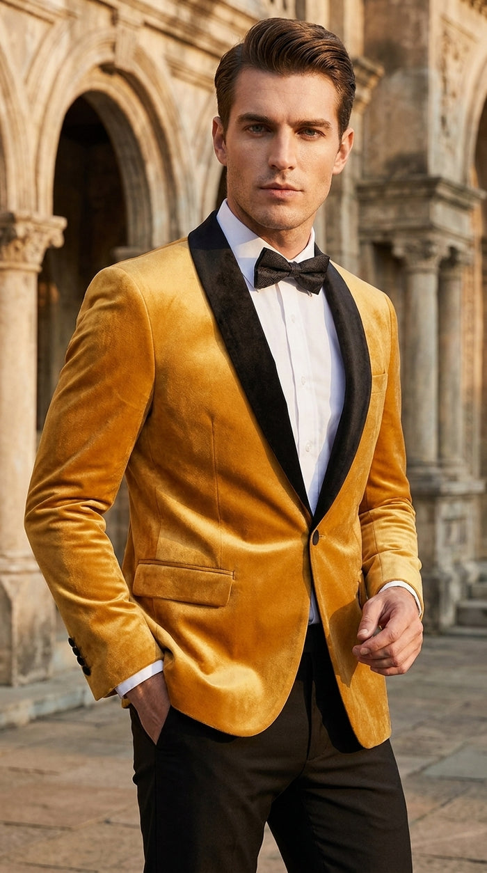 Men’s Velvet Gold Tuxedo Dinner Jacket – Black Shawl Lapel Wedding & Prom Blazer