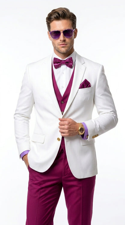 White and Burgundy Tuxedo Wedding Suit for Men – White Dinner Jacket with Burgundy Vest, Pants and Bow Tie