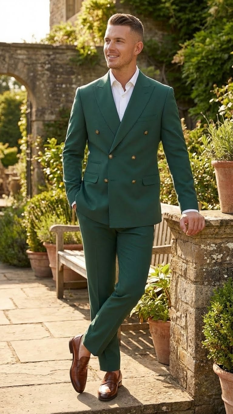 Vitali Brand Men’s Emerald Green Double Breasted Suit – Side Vented Modern Fit