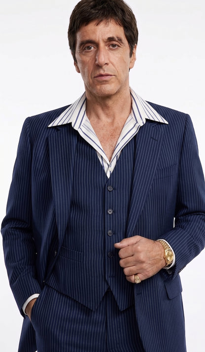 Tony Montana’s Blue Pinstripe 3 Piece Suit – Men’s Vintage Blue Striped Suit for Wedding, Prom and Classic Formal Wear