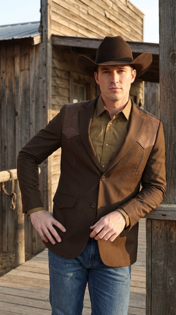 Men’s Dark Brown Western Blazer with Suede Yoke – Cowboy Sport Coat with Western Shoulder Details