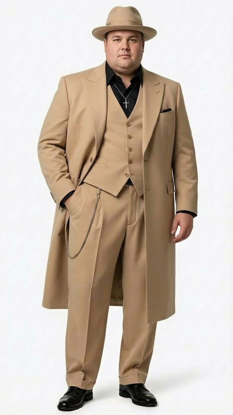 Men’s 1920s Beige Zoot Suit – Long Mafia Gangster Three-Piece Suit in Tan Khaki Color 40 inch Zuit Pachuco Suit